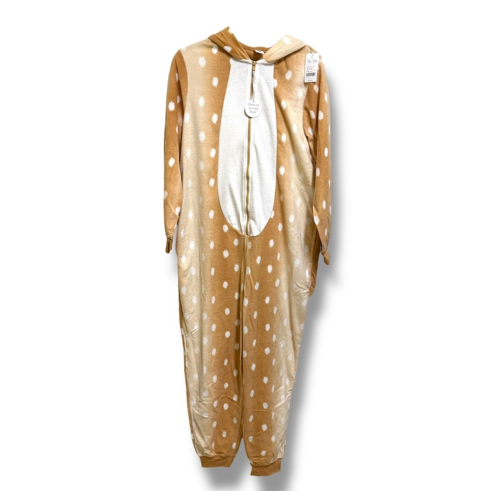 New Women Plus Size 1X/2X Deer Fawn Union Suit Hooded Spotted‎ Fleece Brown - Picture 3 of 8
